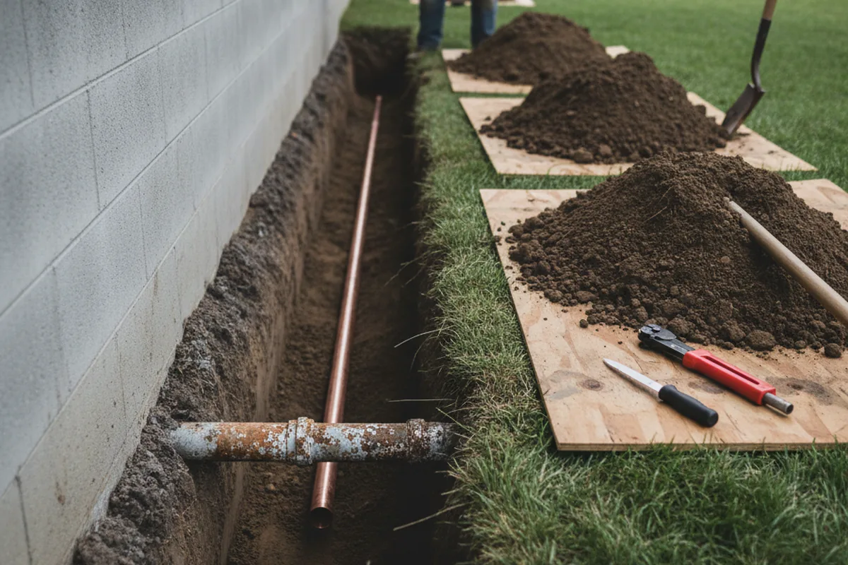Excavated water line trench during Water Heater Repair in Huffman